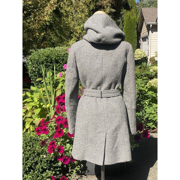 Calvin Klein Wool Blend Grey Herringbone Tweed Hooded Zip Up Overcoat Womens XS - Picture 4 of 8